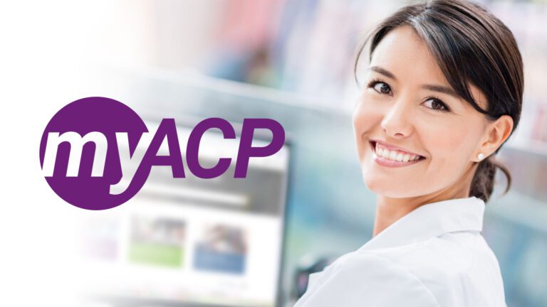 Pharmacy professional working on computer with myACP logo.