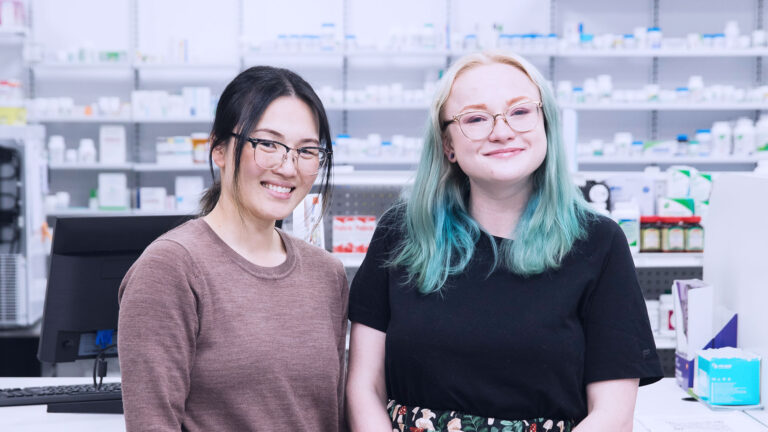 Pharmacist Anne Oommen (left) and patient Liz Ferguson (right)